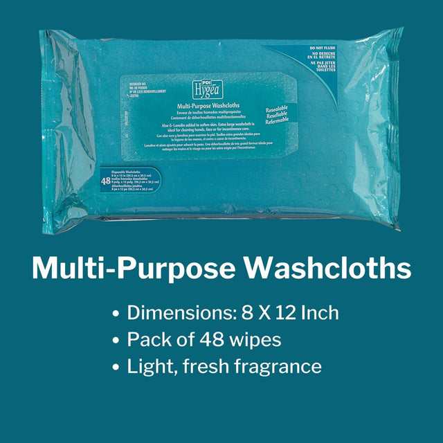 Hygea Personal Wipes for Adults, Disposable Washcloths, 8 in X 12 In, 48 Count, 1 Pack