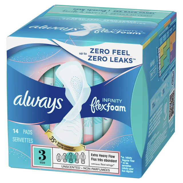 Always Infinity Feminine Pads with Wings, Size 3, Extra Heavy Absorbency, Unscented, 14 Count
