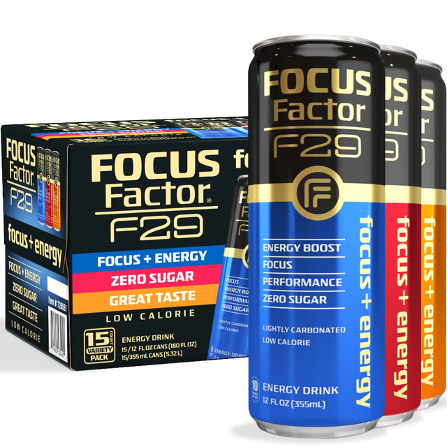 Focus Factor F29 Nootropic Focus + Energy Drink (Multipack - Blue, Orange, Berry) – Pack of 15 – Lightly Carbonated, Sugar Free Nootropic Beverage with Vitamin B6 & Vitamin B12