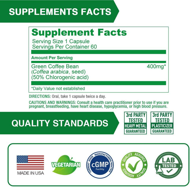 High-Potency Green Coffee Bean Extract: 1600Mg Equivalent, 50% Chlorogenic Acid for Natural Antioxidant & Size-Reduction Support - Vegan-Friendly, 60 Veggie Capsules