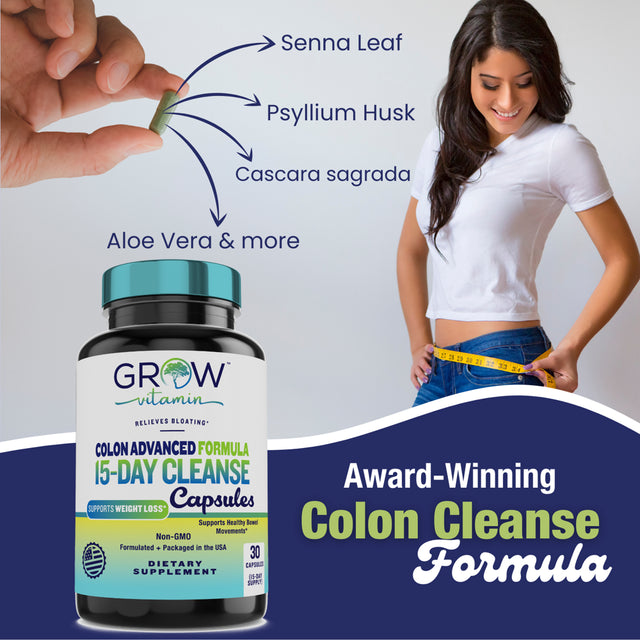 Grow Vitamin Fast Acting Colon Cleanse Formula, Supports Healthy Bowel Movements & Weight Loss, Natural Laxatives for Constipation Relief & Bloating Support, Detox Pills to Detoxify