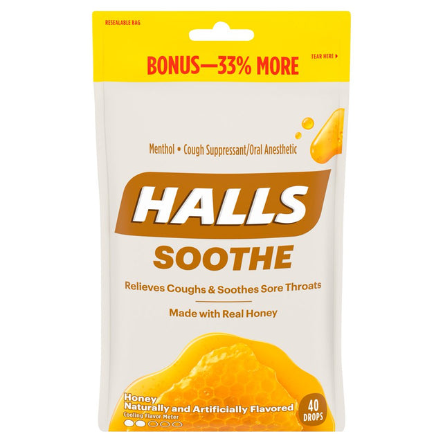 HALLS Soothe Honey Flavor Cough Drops, 1 Bag (40 Total Drops)
