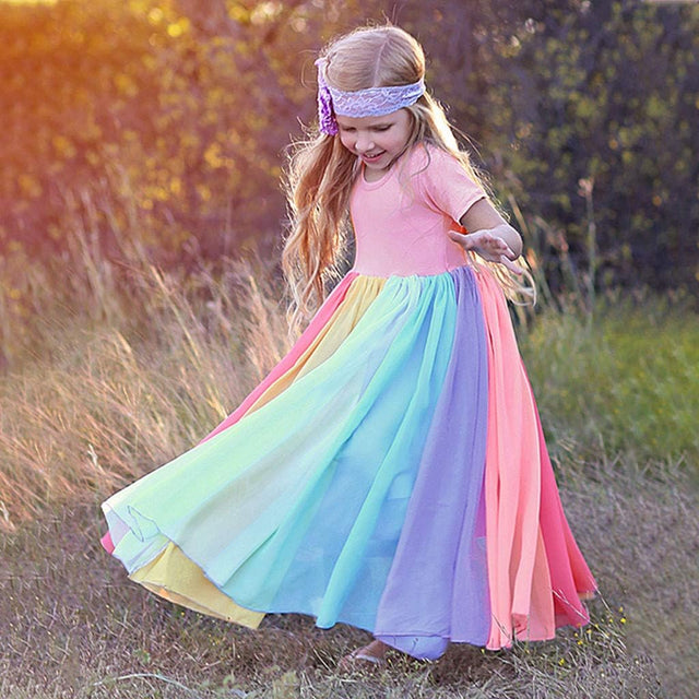 12M-6T Children'S Girls Rainbow Skirt Short Sleeve Stitching Princess Dress,Gown Birthday Party Dresses