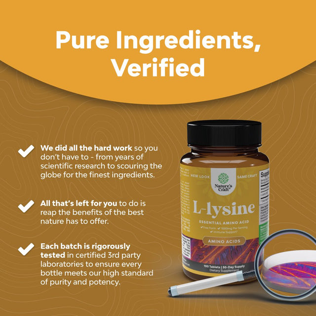 L Lysine 1000Mg per Serving Nutritional Supplements - Essential Amino Acids for Eye Health Lip Care Bone Support Immune System Support Muscle Growth and Vegetarian Collagen Production - 100 Tablets
