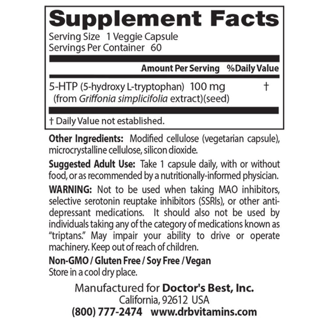 Doctor'S Best 5-HTP, Non-Gmo, Vegan, Gluten Free, Soy Free, 100 Mg, 60 Veggie Caps