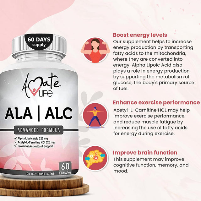 ALA/ALC High Potency Formula- Best Alpha Lipoic Acid and Acetyl-L-Carnitine Hcl Dietary Supplement- Antioxidant Support- Energy Boost- for Men and Women 60 Capsules