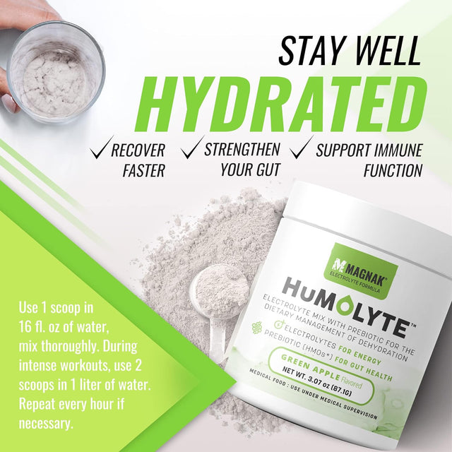 Humolyte Electrolytes Powder Mix, Improves Gut Health and Helps with Dehydration, Prebiotic for Women and Men, Gluten-Free Electrolyte Drink Formulated with HMO, Green Apple Flavor, 3.07 Oz
