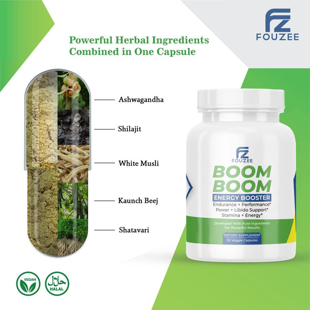 FOUZEE Boom Boom Energy Booster for Men/Women Vegan Dietary Supplement- with All Natural Ingredients for Increased Desire, Endurance, Performance, Power, Libido Support, Stamina- 30 Veggie Capsule