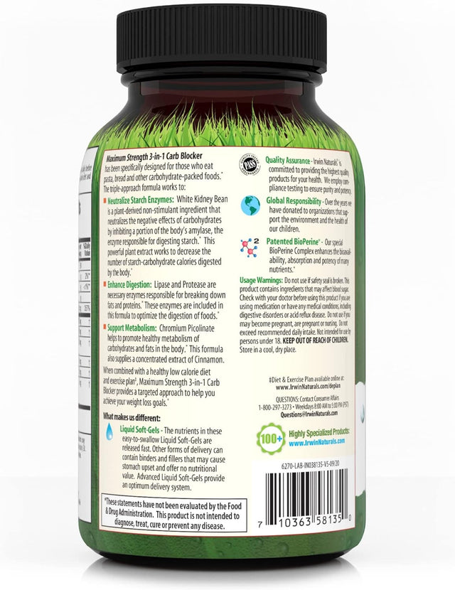 Irwin Naturals Maximum Strength 3-In-1 Carb Blocker - Neutralize Carbohydrates and Support Metabolism - 150 Liquid Softgels Twin Pack
