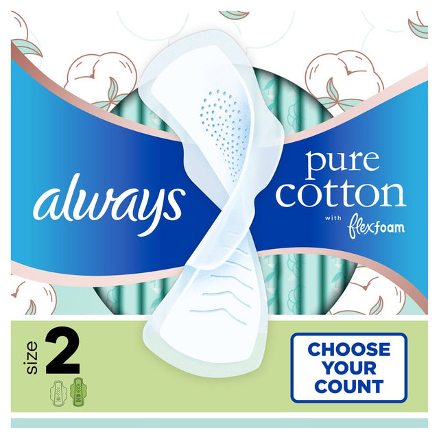 Always Pure Cotton Feminine Pads with Wings, Size 2, Heavy Absorbency, 24 Count