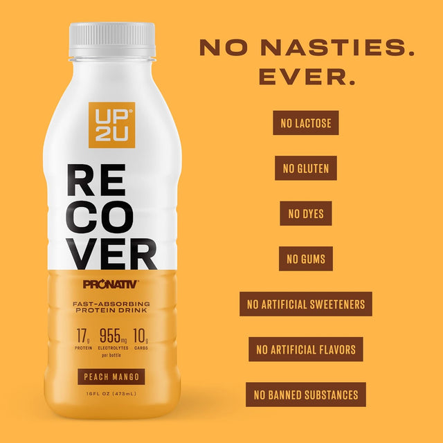 UP2U Water Based Clear Protein Drink with Electrolytes, Peach Mango 16 Oz 12 PK | Certified for Sport, Low Calories, Lactose Free, Low Sugar, US Farms, Recovery in 30 Minutes, Backed by Science