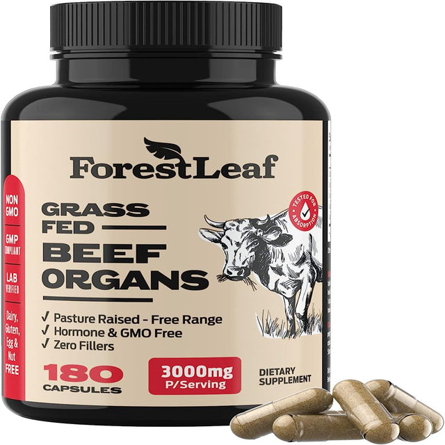 Forest Leaf Grass Fed Beef Organ Supplement with Liver, Heart, Spleen & Kidney, 180 Count