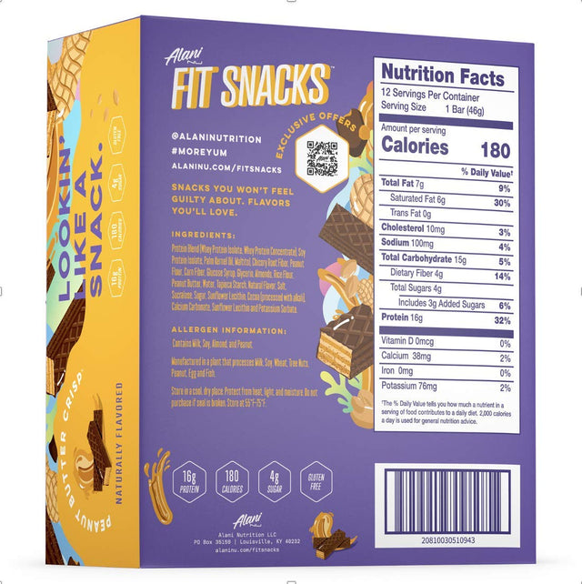 Alani Nu Fit Snack Protein Bar, Gluten-Free Bars, 16G Protein, Low-Sugar, Low-Carb, Gluten-Free, Peanut Butter Crisp, 12 Servings