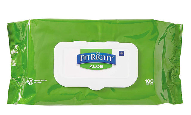 Medline Fitright Aloe Personal Cleansing Cloth Wipes, Unscented, 8 X 12 Inch Adult Large Incontinence Wipes, 100 Count, Pack of 6 - White