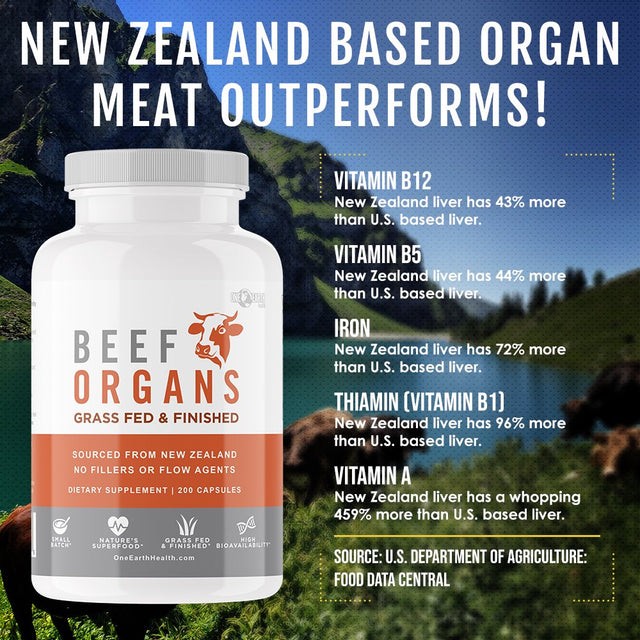 Grass Fed Beef Organs – (200 Count) Liver, Heart, Kidney, Pancreas, Spleen Supplement. Organ Meat Complex Sourced from New Zealand