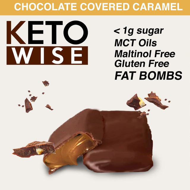 Keto Wise Fat Bombs - Made with Chocolate Containing MCT Oil - Low Fat, Low Carb and Keto Friendly Snack - 8G Fat, 2G Net Carbs | Chocolate Covered Caramels, 2 Count (Pack of 16)