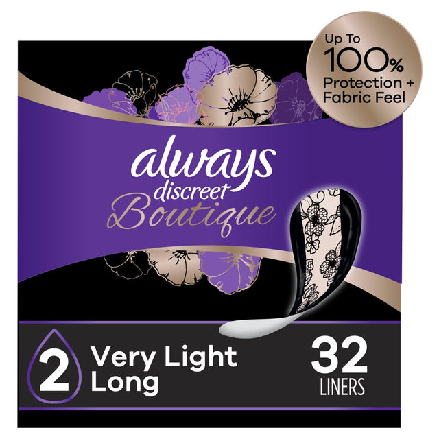 Always Discreet Boutique Incontinence Liners, Very Light Absorbency, Long Length, 32 Count