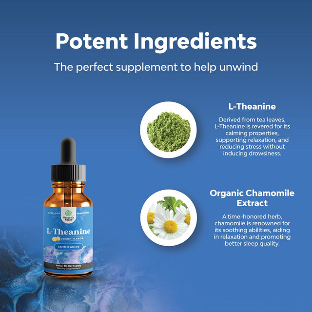 High Absorption L-Theanine Liquid Drops - Nootropic Focus Supplement with L-Theanine 200Mg per Serving and Chamomile Extract - L Theanine Supplement for Adults and Kids Relaxation and Focus Vegan 60Ml