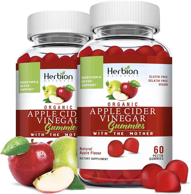 Herbion Naturals Organic Apple Cider Vinegar Gummies with the “Mother”, Digestion and Detox Support, Pectin Based, Vegan, Made in the USA - (Pack of 2, 120 Gummies)