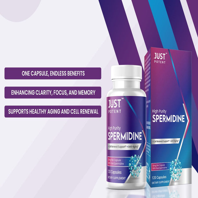 Just Potent High Purity (99%) Spermidine Supplement | 120 Capsules, 10Mg per Capsule, 4 Months of Supply | Cell Renewal Support and Anti-Aging
