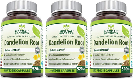 Herbal Secrets Dandelion Root 520 Mg 120 Veggie Capsules (Non-Gmo) - Improve Gastrointestinal Health, Reduces Throat Inflammation, (Pack of 3)