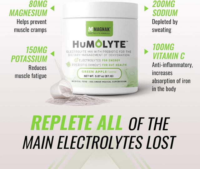 Humolyte Electrolytes Powder Mix, Improves Gut Health and Helps with Dehydration, Prebiotic for Women and Men, Gluten-Free Electrolyte Drink Formulated with HMO, Green Apple Flavor, 3.07 Oz