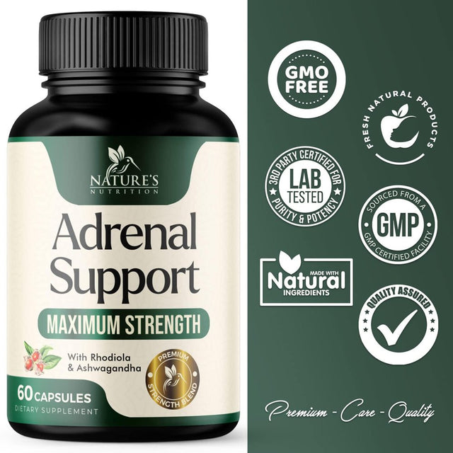 Adrenal Support Supplements & Cortisol Manager with Ashwagandha and 10 Herbs & Nutrients to Support Adrenal Function, Cortisol Health, Energy Levels, Stress & Relaxation Support & Sleep - 60 Capsules