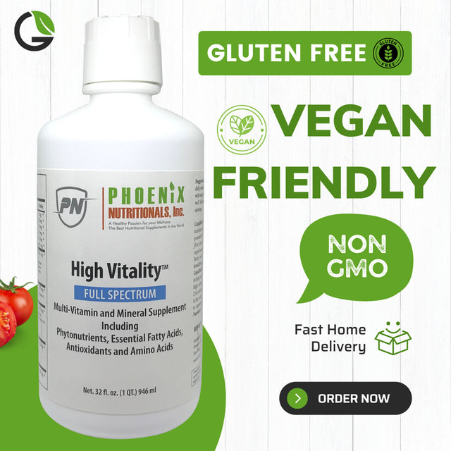 High Vitality Natural Full Spectrum Liquid Vitamin and Mineral Supplement, High Energy, Anti-Aging Formula, Mixed Fruit Flavor, Gluten Free, Sugar Free, & Highly Absorbable