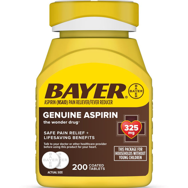 Genuine Bayer Aspirin Pain Reliever/Fever Reducer Coated Tablets, 325 Mg, 200 Count