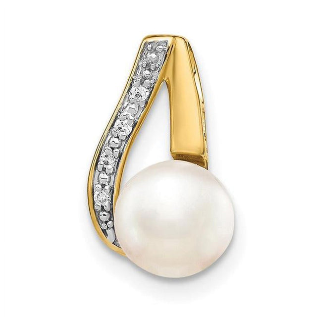 Finest Gold 14K Yellow & Rhodium 7-8 Mm Button White FWC Pearl & Diamond Pendant