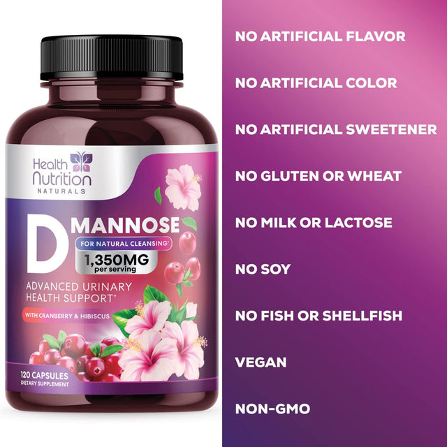 D-Mannose & Cranberry Extract 1350Mg, Fast-Acting to Support Natural Urinary Tract Health for Women & Men, Non-Gmo & Vegan, Flush Impurities in Urinary Tract & Bladder - 120 Capsules