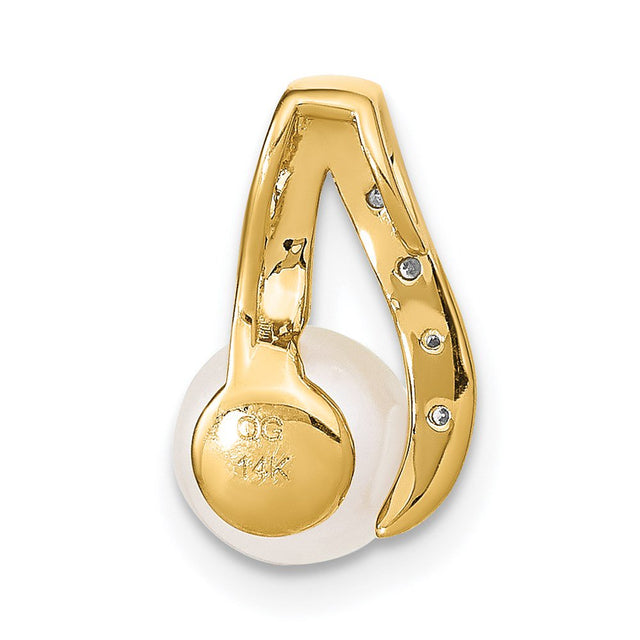 Finest Gold 14K Yellow & Rhodium 7-8 Mm Button White FWC Pearl & Diamond Pendant