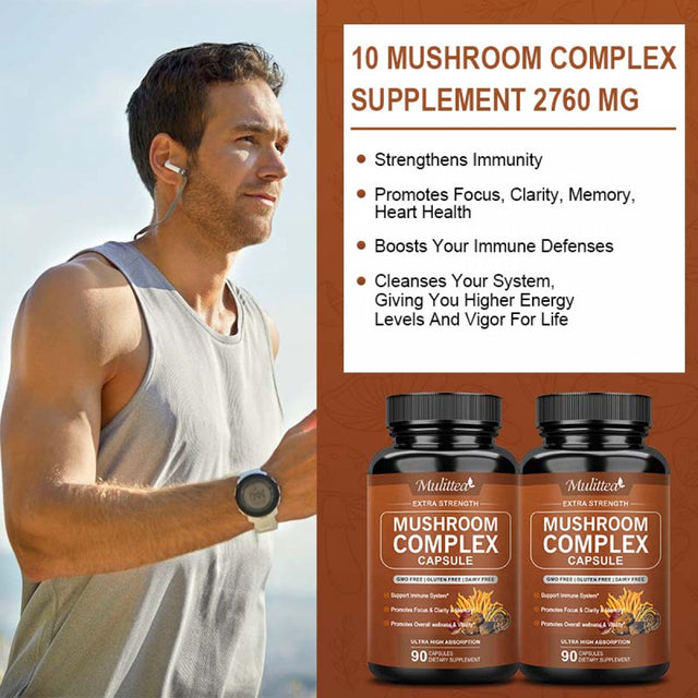Mulittea Mushroom Complex Tablet(90Pills) - with Lion'S Mane Cordyceps,10 Mushroom Blend - for Immune Booster & Nootropic Brain Supplement