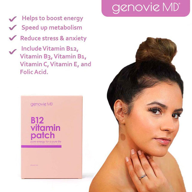 Genovie MD Vitamin B12 Patch for Energy Boosting, Speeding up Metabolism, Vitamin Absorption, Reducing Stress, Restoring Mental Clarity, and Focus, 64 Patches per Pack