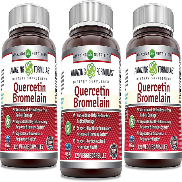 Amazing Nutrition Quercetin 800 Mg with Bromelain 165 Mg Veggie Capsules (120 Count (Pack of 3)) - Anti-Oxidant and Anti-Inflammatory Properties - Supports Heart, Joints and Respiratory Health
