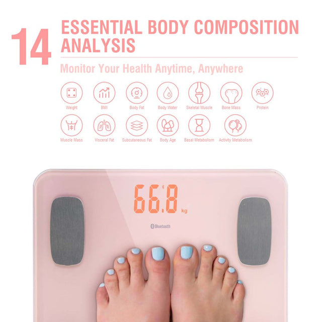 Himaly Digital Body Weight Scale for Body Fat, BMI with Smartphone App Sync Bluetooth, 400 Lbs Pink