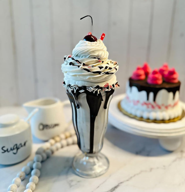 Fake Cupcakes & Cake – Artificial for Display – Faux Decorations for Home & Kitchen - Fake Food Desserts - Fake Milkshake Chocolate Peppermint Crazishake Tall Glass Parfait