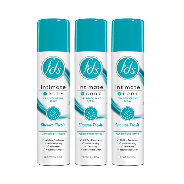 FDS Intimate + Body Dry Feminine Deodorant Spray, Shower Fresh, 3 Pack