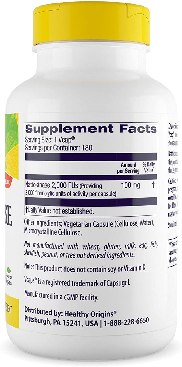Healthy Origins Nattokinase 2,000 Fu'S (100 Mg, Non-Gmo, Gluten Free, Circulatory Support), 180 Veggie Caps