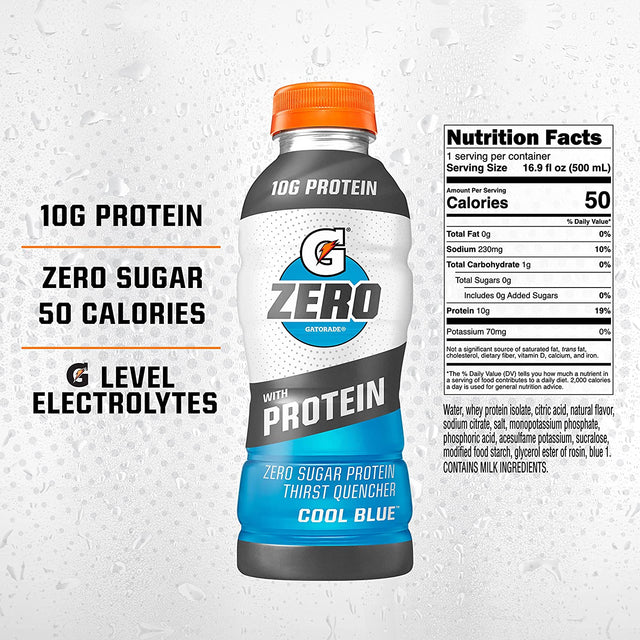 Gatorade Zero with Protein, 10G Whey Protein Isolate, Zero Sugar, Vegetarian, Liquid Electrolytes, Cool Blue, 16.9 Fl Oz Bottle, 12 Pack