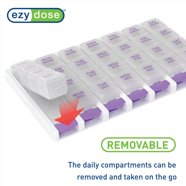 Ezy Dose Weekly (7-Day) Pill Organizer, 4 Times a Day, Push Button, Pop-Out Travel Compartments
