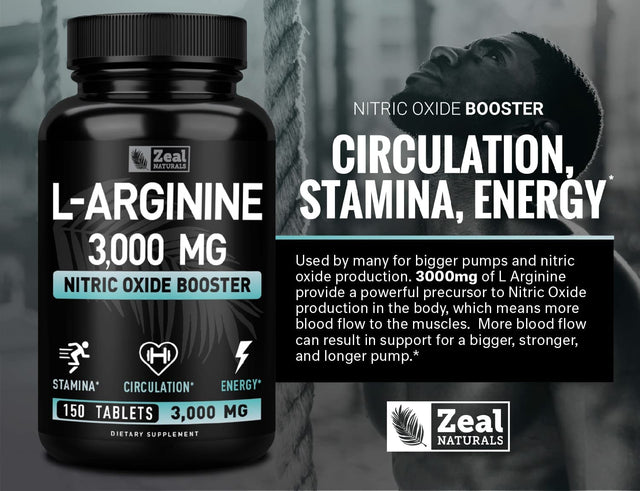 L Arginine 3000Mg Capsules (150 Tablets | 1000Mg) Maximum Dose L-Arginine Nitric Oxide Supplement for Supporting Muscle Growth, Vascular Function and Energy - Nitric Oxide Booster