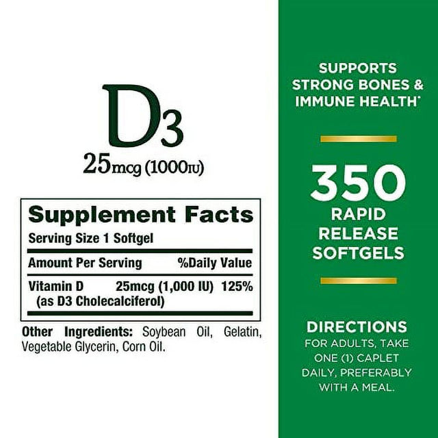 Nature’S Bounty Vitamin D3 1000 IU Softgels, Immune Support, Promotes Healthy Bones, 350 Ct