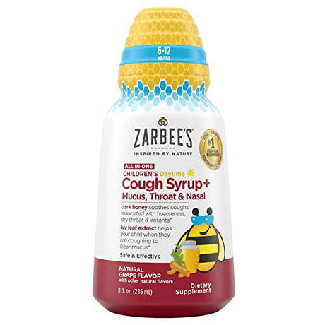Zarbee’S Kids All-In-One Daytime Cough for Children 6-12 with Dark Honey, Turmeric, B-Vitamins & Zinc, #1 Pediatrician Recommended, Drug & Alcohol-Free, Grape Flavor, 8FL Oz