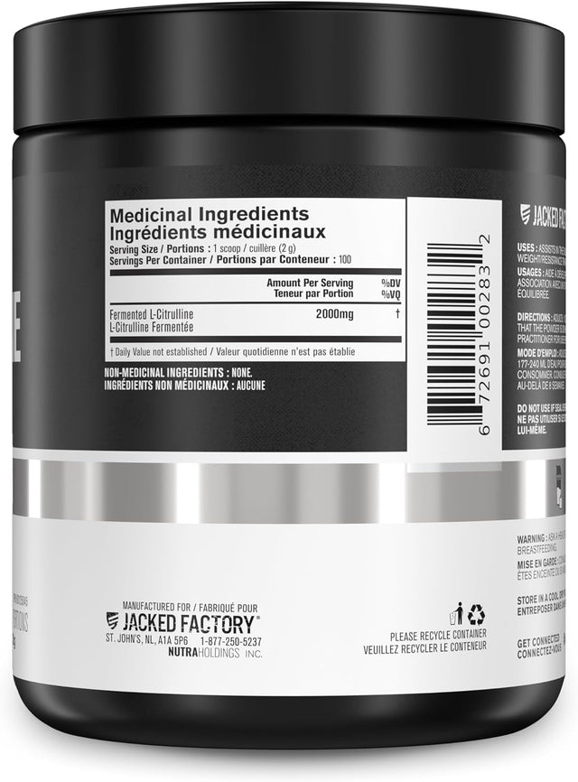 Jacked Factory L-Citrulline - Fermented L Citrulline Powder, Nitric Oxide Booster for Increased Blood Flow, Strength, & Endurance - 100 Servings, Unflavored
