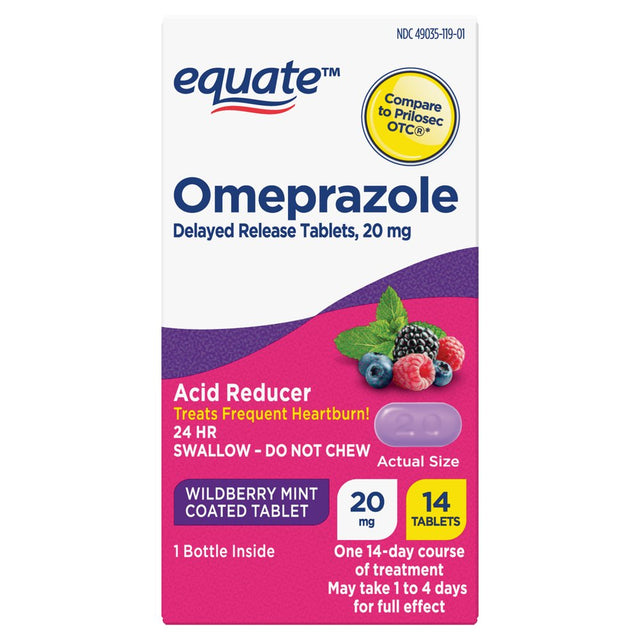 Equate Omeprazole Delayed Release Coated Tablets 20 Mg, Wildberry Mint, 14 Count