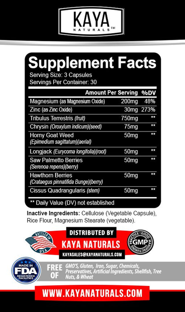 Kaya Naturals Ultra Testosterone 90Ct, Muscle & Testosterone Support, Bodybuilding - 1305Mg