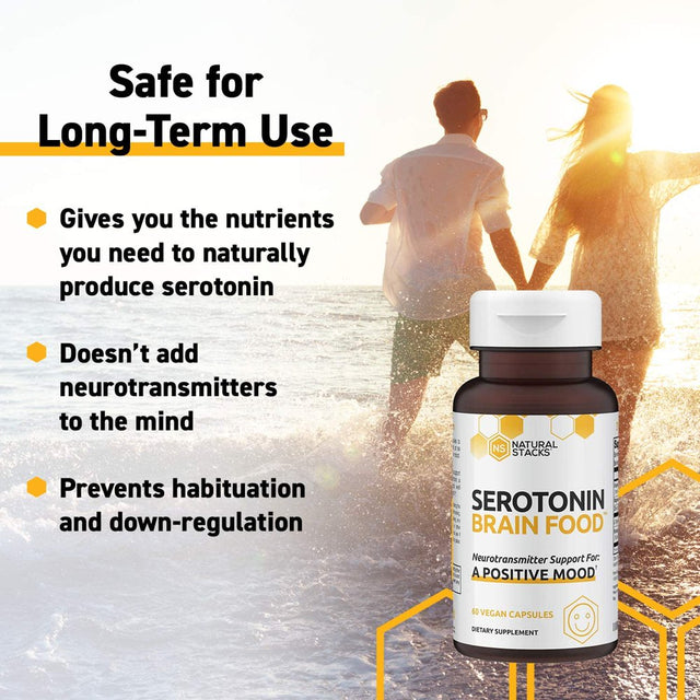 NATURAL STACKS Serotonin Brain Food W/ L-Tryptophan & Rhodiola Rosea - Mood Support Supplement - Promotes Positive Mood, Calmness, Stress Relief - Happy Mood & Brain Support Supplement - 60 Capsules