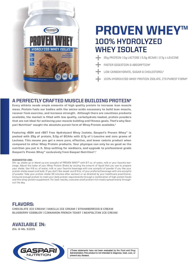 Gaspari Nutrition Proven Whey, 100% Hydrolyzed Whey Isolate, High Protein, Lactose Free, Low Carbohydrate and Low Sugar (Vanilla Ice Cream, 2 Pound (Pack of 1))