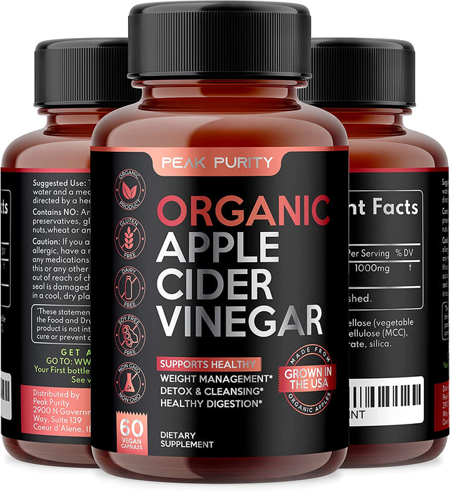 100% Organic Raw Apple Cider Vinegar Capsules - Natural Detox Gut Cleanse & Healthy Digestion - Tasteless & Easy to Swallow - Extra Strength ACV Pills - 1000 Mg